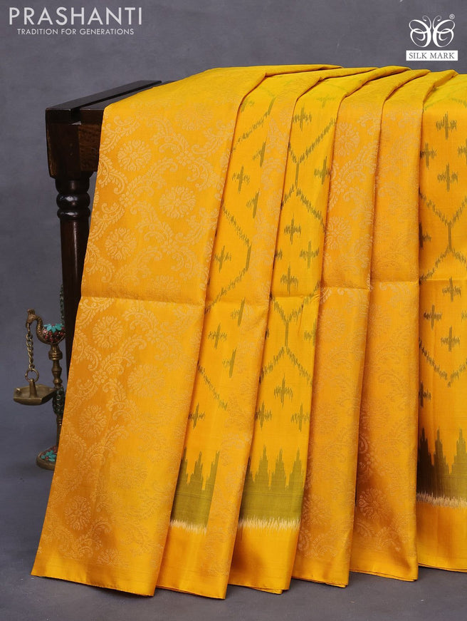 Pure soft silk saree yellow and black with allover ikat & zari weaves in borderless style