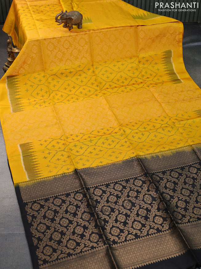 Pure soft silk saree yellow and black with allover ikat & zari weaves in borderless style