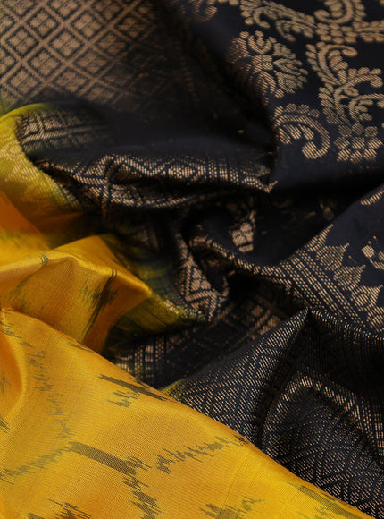 Pure soft silk saree yellow and black with allover ikat & zari weaves in borderless style