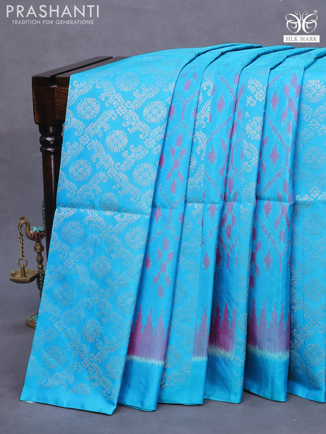 Pure soft silk saree cs blue and pink shade with allover ikat & zari weaves in borderless style