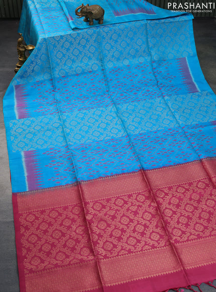 Pure soft silk saree cs blue and pink shade with allover ikat & zari weaves in borderless style