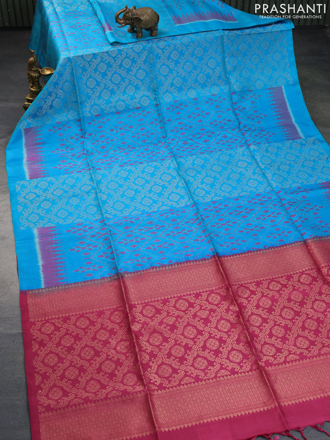 Pure soft silk saree cs blue and pink shade with allover ikat & zari weaves in borderless style