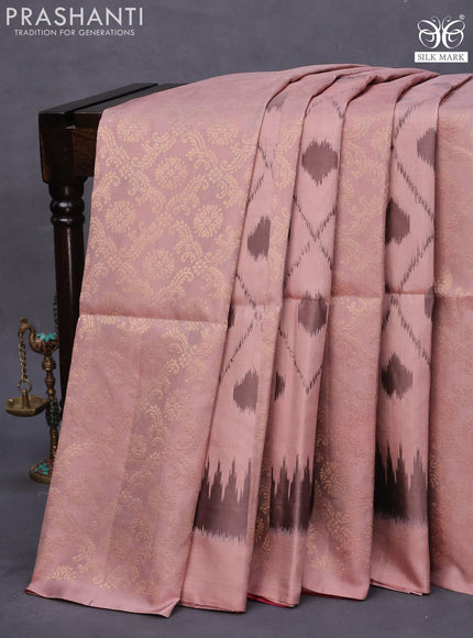 Pure soft silk saree pastel peach shade and pink shade with allover ikat & zari weaves in borderless style