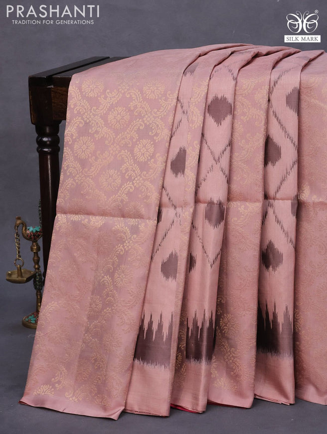 Pure soft silk saree pastel peach shade and pink shade with allover ikat & zari weaves in borderless style