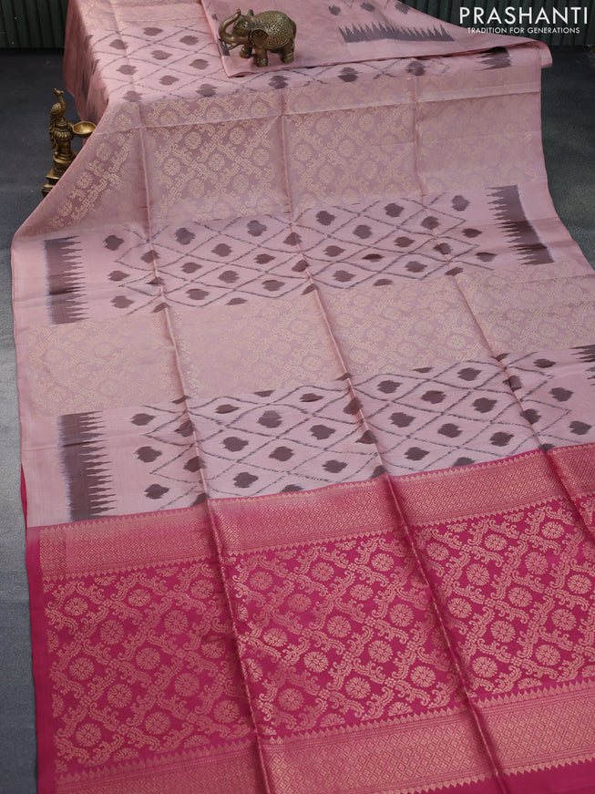 Pure soft silk saree pastel peach shade and pink shade with allover ikat & zari weaves in borderless style