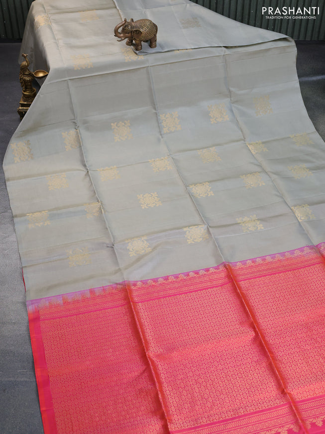 Pure soft silk saree grey shade and dual shade of pinkish orange with zari woven buttas in borderless style