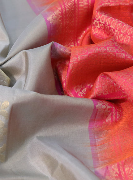 Pure soft silk saree grey shade and dual shade of pinkish orange with zari woven buttas in borderless style