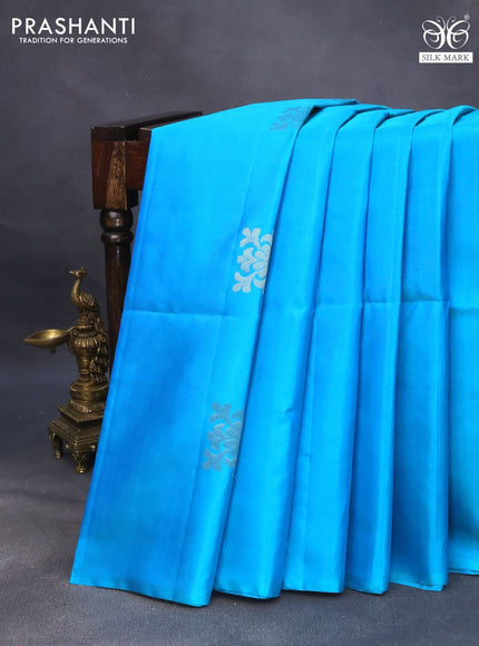 Pure soft silk saree blue and dual shade of pinkish orange with zari woven buttas in borderless style