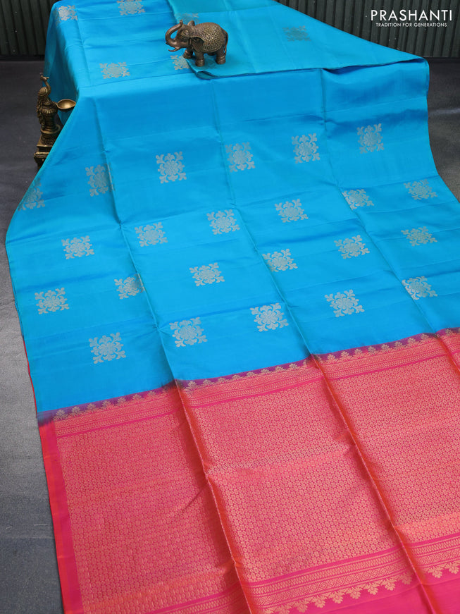 Pure soft silk saree blue and dual shade of pinkish orange with zari woven buttas in borderless style