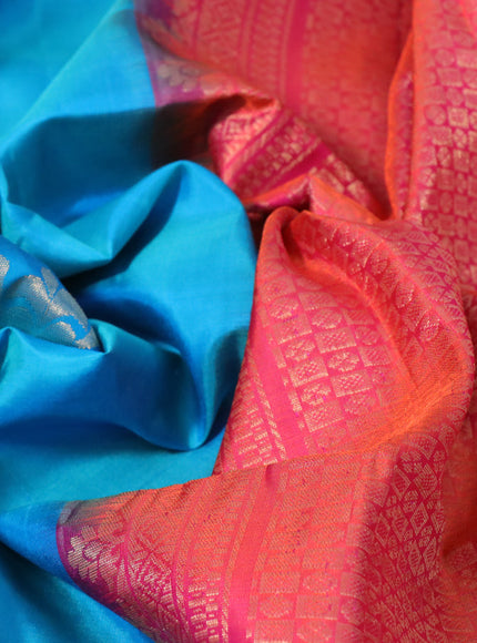 Pure soft silk saree blue and dual shade of pinkish orange with zari woven buttas in borderless style