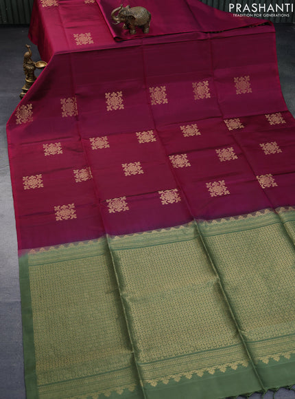 Pure soft silk saree dark magenta pink and sap green with zari woven buttas in borderless style