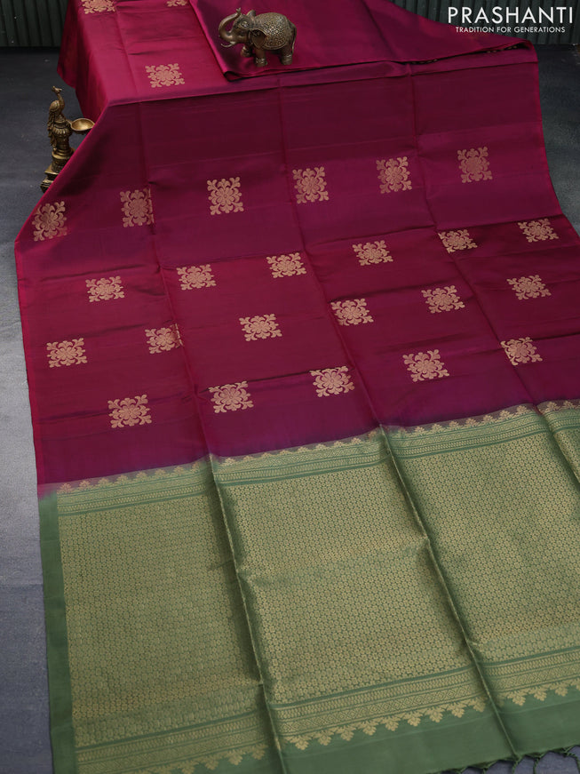 Pure soft silk saree dark magenta pink and sap green with zari woven buttas in borderless style