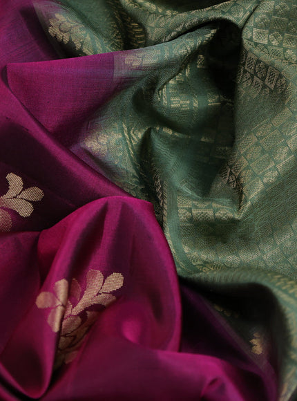 Pure soft silk saree dark magenta pink and sap green with zari woven buttas in borderless style