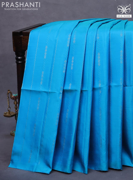 Pure soft silk saree blue and grey with allover zari weaves in borderless style