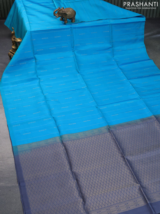 Pure soft silk saree blue and grey with allover zari weaves in borderless style