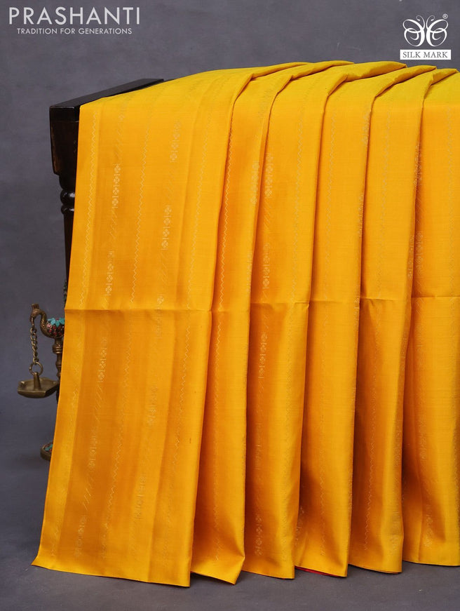 Pure soft silk saree yellow and red with allover zari weaves in borderless style