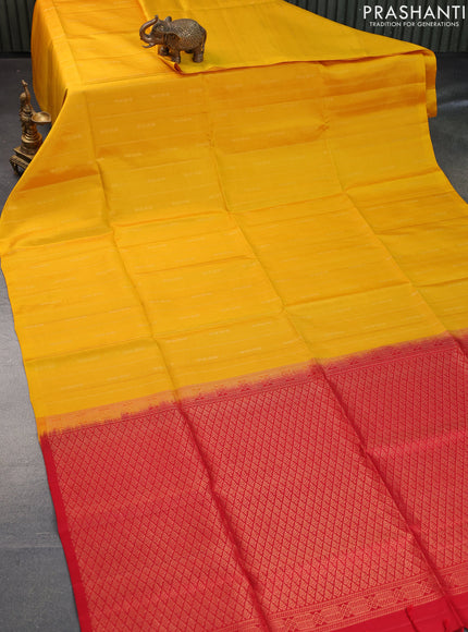 Pure soft silk saree yellow and red with allover zari weaves in borderless style