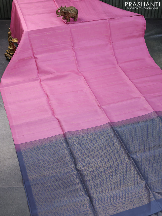 Pure soft silk saree light pink and grey with allover zari weaves in borderless style