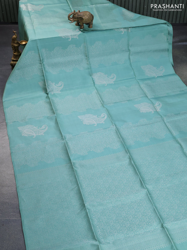 Pure soft silk saree pastel green shade with allover silver zari weaves & buttas in borderless style