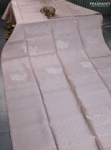 Pure soft silk saree beige with allover silver zari weaves & buttas in borderless style