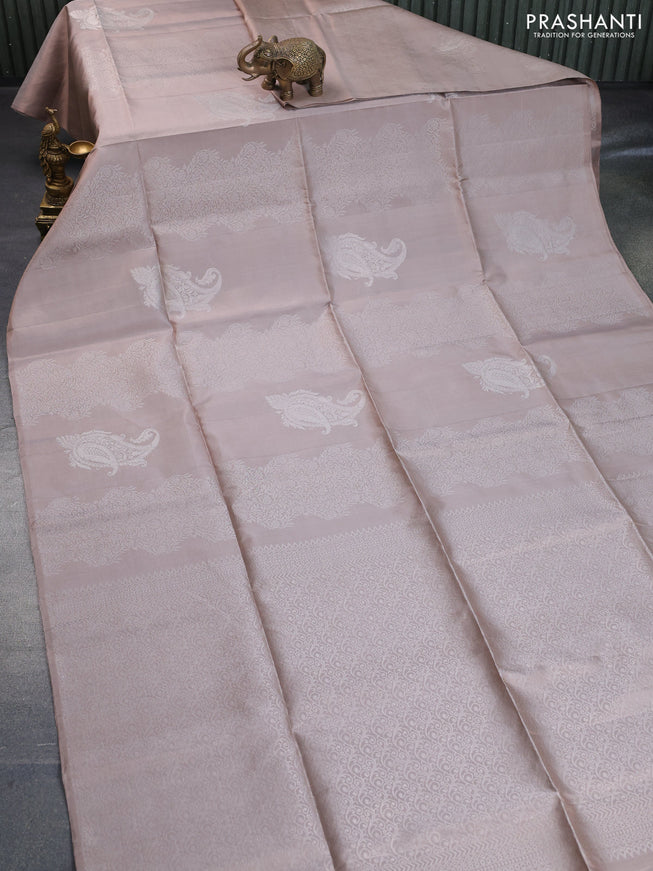 Pure soft silk saree beige with allover silver zari weaves & buttas in borderless style