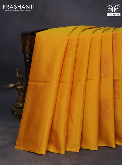 Pure soft silk saree mango yellow and red with thread & zari woven box type buttas in borderless style