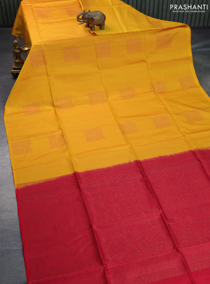 Pure soft silk saree mango yellow and red with thread & zari woven box type buttas in borderless style