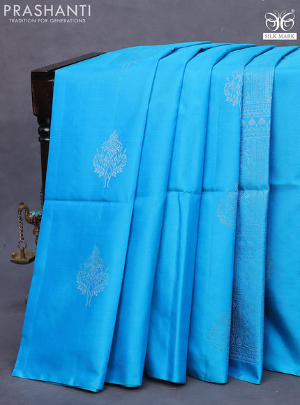 Pure soft silk saree blue and pastel brown with silver zari woven buttas in borderless style