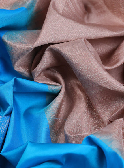 Pure soft silk saree blue and pastel brown with silver zari woven buttas in borderless style