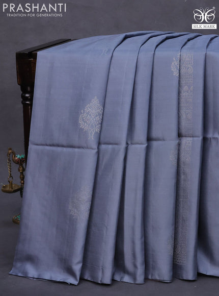 Pure soft silk saree grey and rosy brown with silver zari woven buttas in borderless style