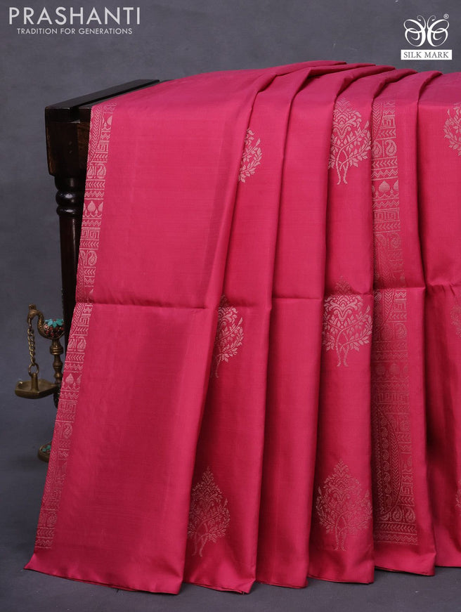 Pure soft silk saree pink shade and rosy brown with silver zari woven buttas in borderless style