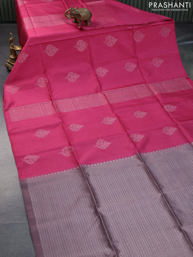 Pure soft silk saree pink shade and rosy brown with silver zari woven buttas in borderless style