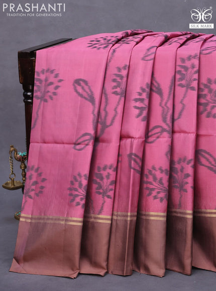 Pure soft silk saree mauve pink and pastel brown with allover ikat weaves and zari woven simple border