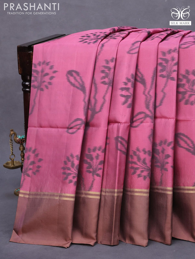 Pure soft silk saree mauve pink and pastel brown with allover ikat weaves and zari woven simple border