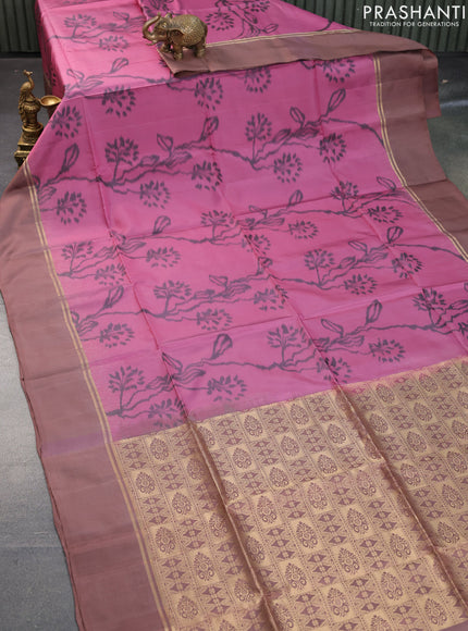 Pure soft silk saree mauve pink and pastel brown with allover ikat weaves and zari woven simple border