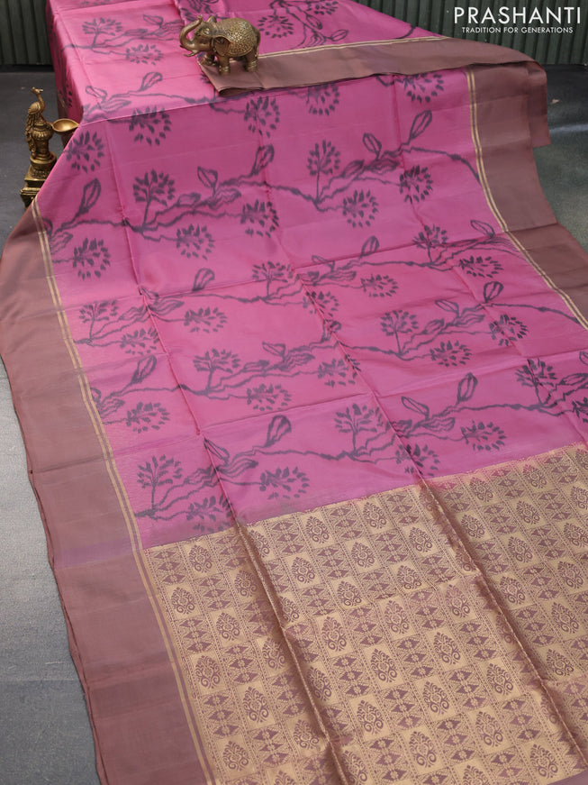 Pure soft silk saree mauve pink and pastel brown with allover ikat weaves and zari woven simple border