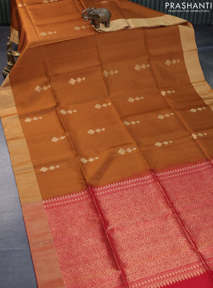 Pure soft silk saree dark mustard and red with zari woven geometric buttas and zari woven border