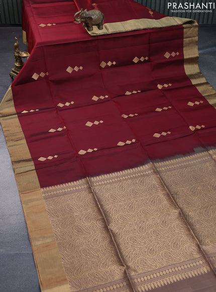 Pure soft silk saree maroon and pastel brown with zari woven geometric buttas and zari woven border