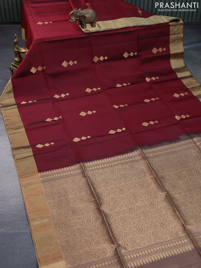 Pure soft silk saree maroon and pastel brown with zari woven geometric buttas and zari woven border