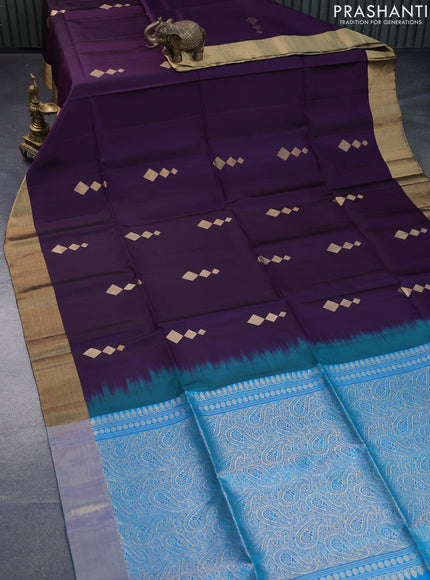 Pure soft silk saree deep violet and dual shade of blue with zari woven geometric buttas and zari woven border