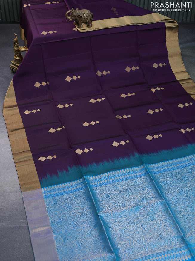 Pure soft silk saree deep violet and dual shade of blue with zari woven geometric buttas and zari woven border