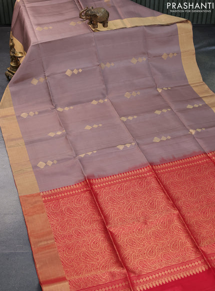 Pure soft silk saree pastel brown and red with zari woven geometric buttas and zari woven border