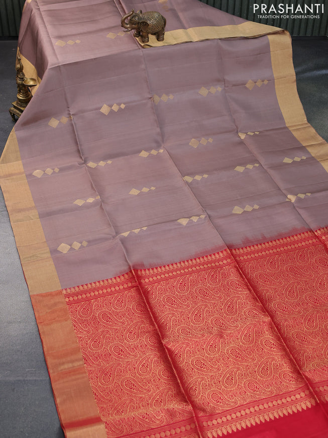 Pure soft silk saree pastel brown and red with zari woven geometric buttas and zari woven border