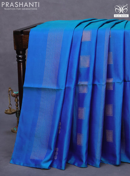 Pure soft silk saree dual shade of bluish green with silver & gold zari weaves & buttas in borderless style