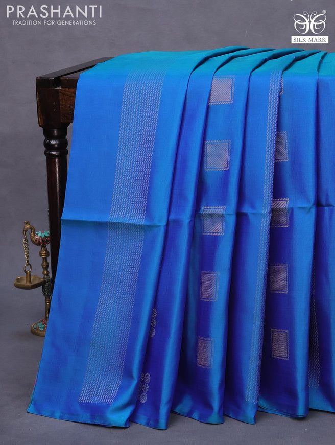 Pure soft silk saree dual shade of bluish green with silver & gold zari weaves & buttas in borderless style