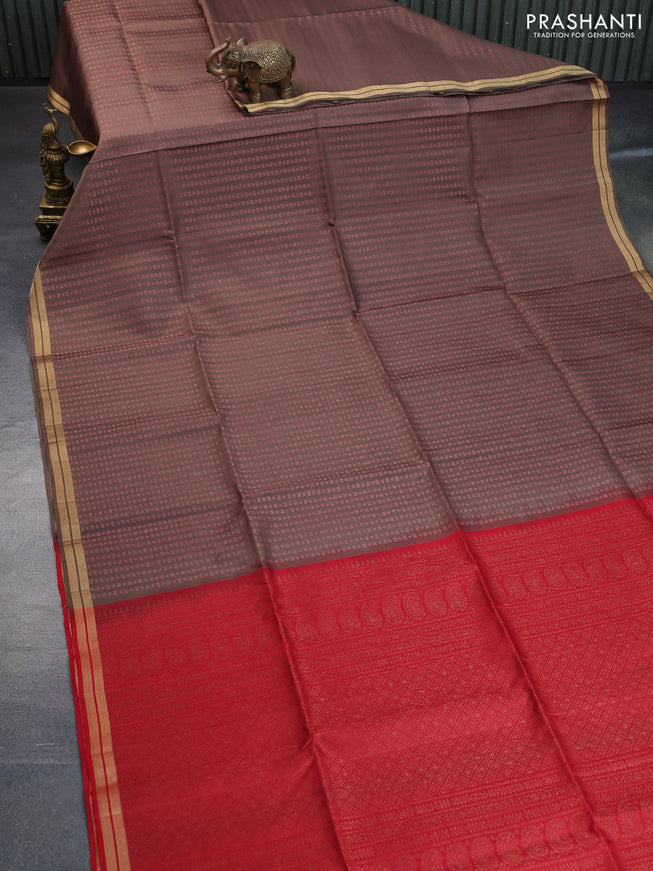 Pure soft silk saree brown shade and red with allover thread & zari woven geometric weaves and zari woven border