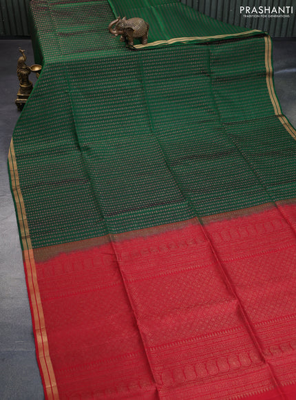 Pure soft silk saree dark green and red with allover thread & zari woven geometric weaves and zari woven border