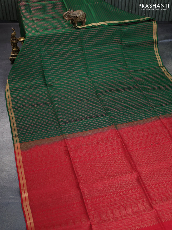 Pure soft silk saree dark green and red with allover thread & zari woven geometric weaves and zari woven border