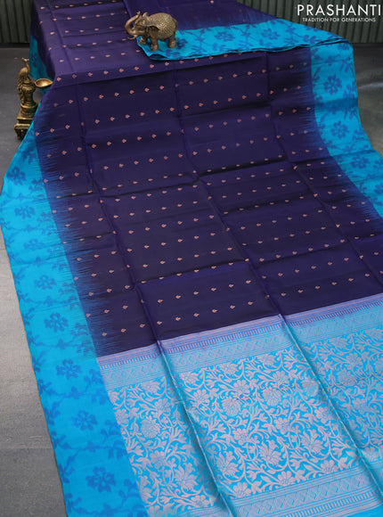 Pure soft silk saree dark blue and teal blue with allover zari woven buttas and ikat style border