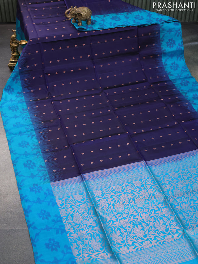 Pure soft silk saree dark blue and teal blue with allover zari woven buttas and ikat style border